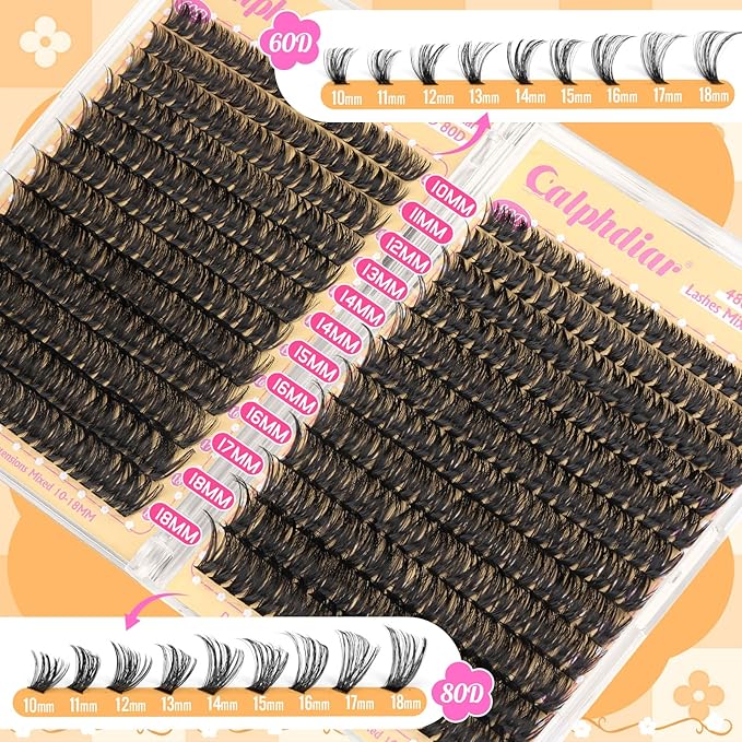 calphdiar Lashes Clusters 60D+80D Thick Eyelash Clusters 480PCS Wispy Lash Clusters Eyelash Extensions Fluff D-curly Individual Lashes 10-18mm DIY Volume Lash Extension at Home