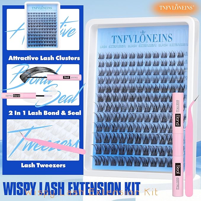 Natural Lash Clusters Kit Wispy Lash Extension Kit C Curl Eyelash Extension Kit Individual Lashes Cluster Eyelash Extensions Kit 8-16MM Eyelash Clusters with Bond and Seal and Tweezers by TNFVLONEINS