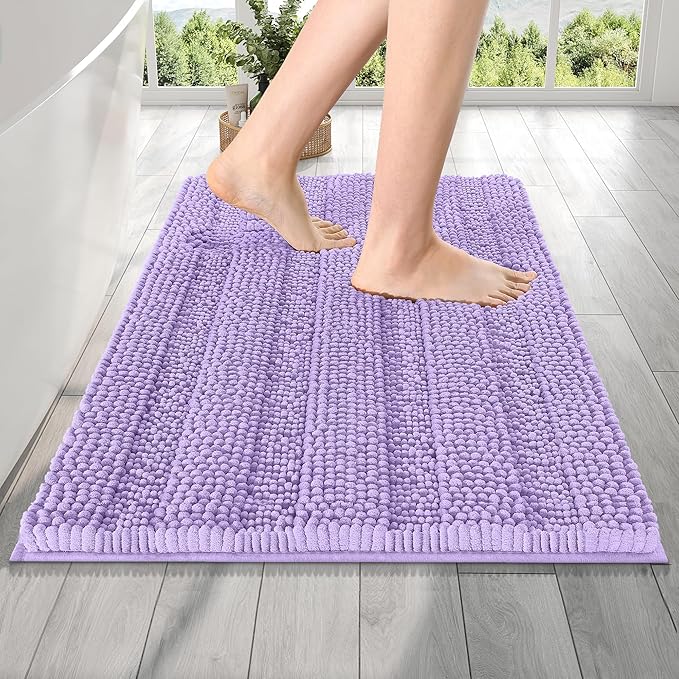 OLANLY Thick Bathroom Rugs 24x16, Extra Soft Absorbent Chenille Striped Bath Rugs, Rubber Backing, Machine Wash Dry, Bath Mats for Bathroom Floor, Tub and Shower, Home Decor Accessories, Lavender