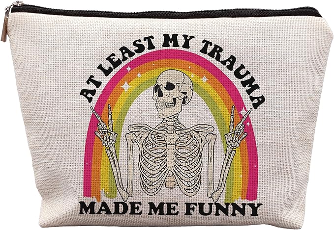 uinwk Funny Mental Health Makeup Bag, Mental Health Gifts, at Least My Trauma Made Me Funny Sarcastic Skeleton Meme Cosmetic Bag, Psychology Gifts, Funny Gifts for Women Adult Humor