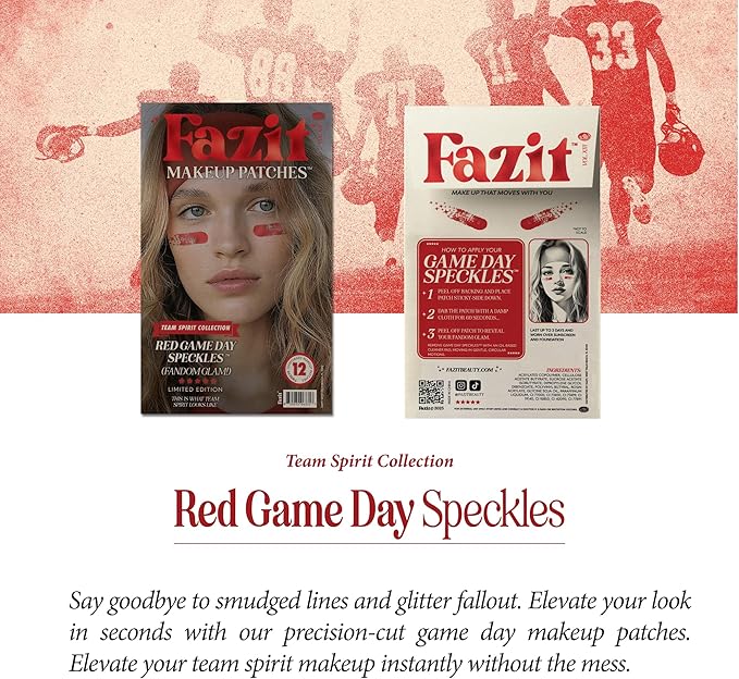 Fazit Makeup Patches - Red Game Day Speckles - Glow Up Make-Up Patches - Cute Glitter Makeup Accessories for Women - Cosmetic Glitter for Face