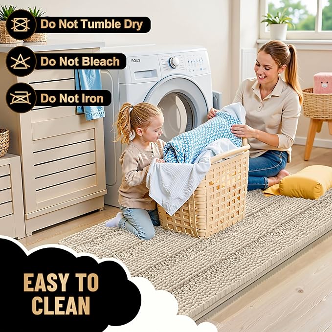 OLANLY Thick Bathroom Rugs 24x16, Extra Soft Absorbent Chenille Striped Bath Rugs, Rubber Backing, Machine Wash Dry, Bath Mats for Bathroom Floor, Tub and Shower, Home Decor Accessories, Sand
