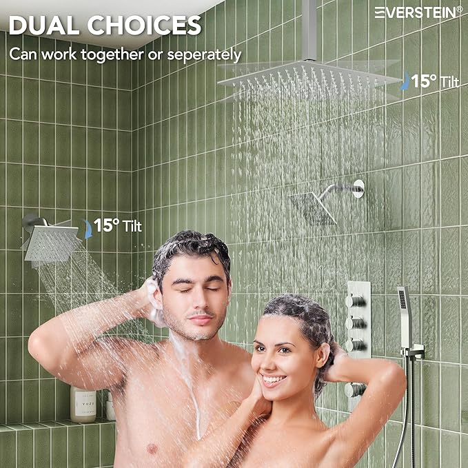 EVERSTEIN Thermostatic Shower system, 16, 6 in. Bathroom Shower Set Wall Mount Dual Shower Head Faucet in Brushed Nickel