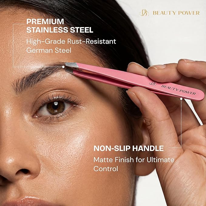 Ultra-Precision Professional Slant Tweezers for Women Facial Hair - German Stainless Steel, Lightweight Black Tweezers for Women & Men, Ideal for Eyebrow & Facial Grooming (Pink)