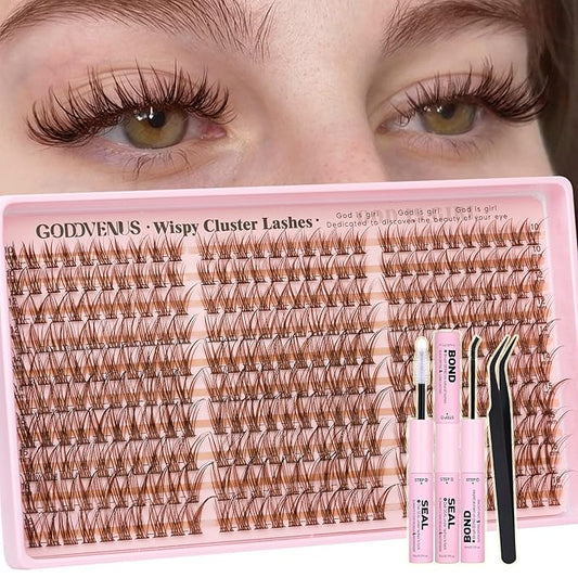 Brown Lash Clusters Kit Natural 300Pcs Wispy Lashes Cluster Eyelash Cluster Extensions Kit C Curve Individual Lashes Extensions Kit For DIY Waterproof & Long - Lasting (Light Brown10-16mm)
