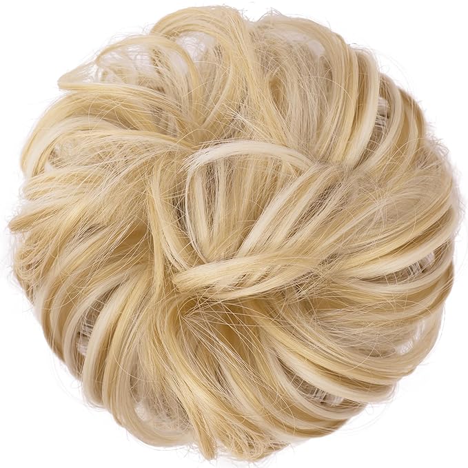 FESHFEN Messy Bun Hair Piece - Wavy Synthetic Chignon Scrunchies for Instant Volume, Elastic Bun Ponytail Hair Extensions Thick Hairpieces for Women, Champagne Blonde & White Blonde 1.50 oz
