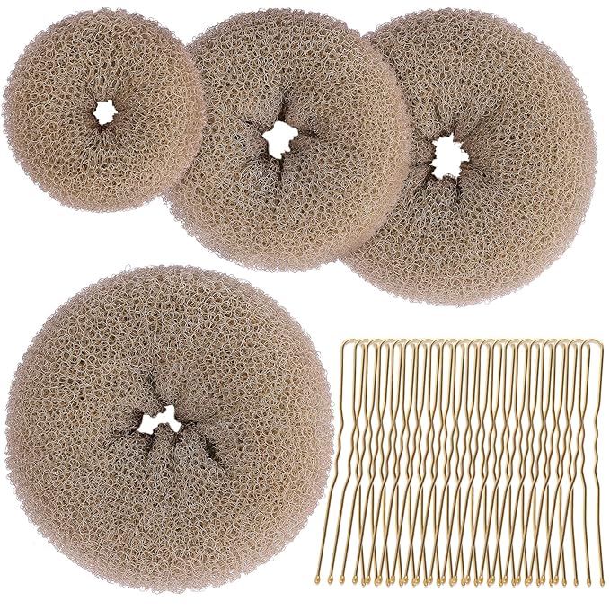 Teenitor Hair Bun Shaper Set, 4pcs Hair Donut Bun Maker(Extra-large, Large, Medium, Small) with 20pcs Bobby Pins, Tan Brown