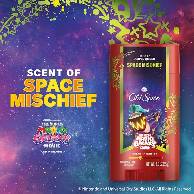 Old Spice Aluminum Free Deodorant for Men, Old Spice x The Super Mario Galaxy Movie, 24/7 Lasting Freshness, Lasting Odor Protection, Smell Super with Space Mischief, Amped Amber Scent, 3.0 oz