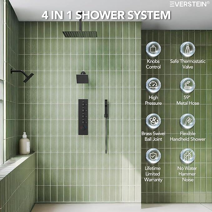 EVERSTEIN Thermostatic Shower system, 16, 6 in. Bathroom Shower Set Wall Mount Dual Shower Head Faucet in Matte Black