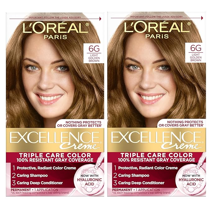 L'Oreal Paris Excellence Crème Permanent Hair Dye, Triple Care Hair Color with Hyaluronic Acid for 100% Gray Coverage, 6G Light Golden Brown, 1 Kit (Pack of 2) (Packaging May Vary)