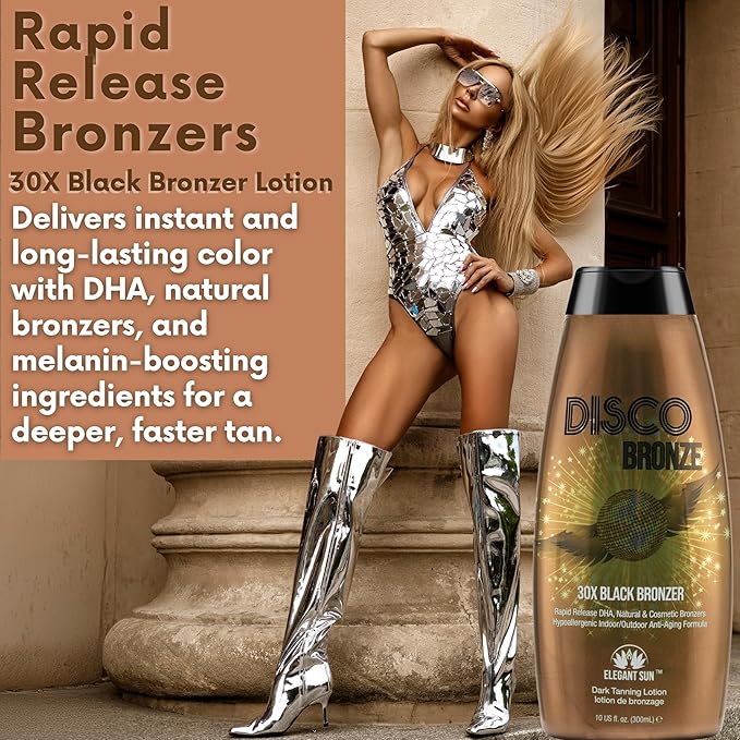 Disco Bronze 30X Black Bronzer Tanning Lotion - Indoor & Outdoor UV Tan Accelerator with DHA, Natural & Cosmetic Bronzers, Proprietary Melanin Boosting Formula, Made in USA for Men & Women – 10 oz