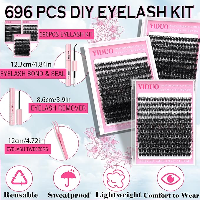 Volume Lashes Cluster Kit 60D+80D+100D Clusters Lash Eyelashes Kit 696Pcs Bulk Packs, D Curl Wispy 10-18mm DIY Individual Eyelash Extensions Wholesale Combo Pack with Glue|Tweezers|Removers