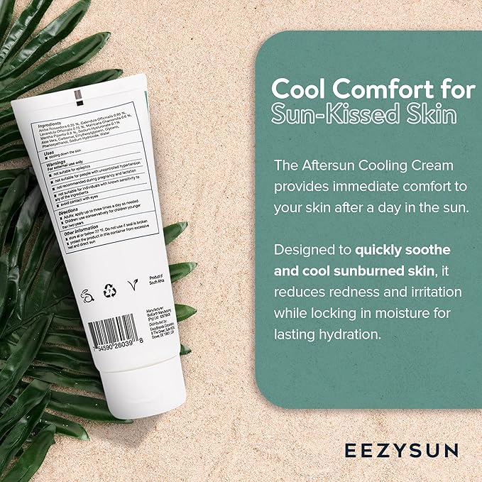 EEZYSUN AfterSun Cooling Cream | Vegan AfterSun Care with Aloe Vera, Tea Tree Oil, & Chamomile to Soothe, Hydrate, & Repair Sunburn | Dermatologically Tested 3.3 FL OZ