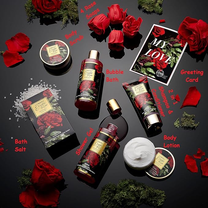 Valentines Day Gifts for Her - Exotic Rose Valentine Gift Basket for Women, Spa Bath and Body Gift Set, Anniversary Gifts for Women, Mom Birthday Gift with Body Scrub, Bubble Bath, Lotion & M