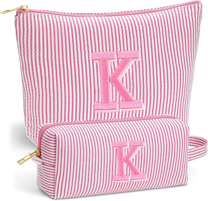 Fohufo Travel Makeup Bag for Girls - Personalized Initial Pink Makeup Bag, Teen Girl Gifts Trendy Stuff, 6 7 8 9 10 11 12 Year Girl Birthday Gift, Christmas Gift for Girls Travel Essentials, Letter K