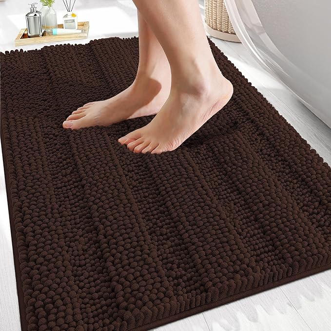 OLANLY Thick Bathroom Rugs 30x20, Extra Soft Absorbent Chenille Striped Bath Rugs, Rubber Backing, Machine Wash Dry, Bath Mats for Bathroom Floor, Tub and Shower, Home Decor Accessories, Brown
