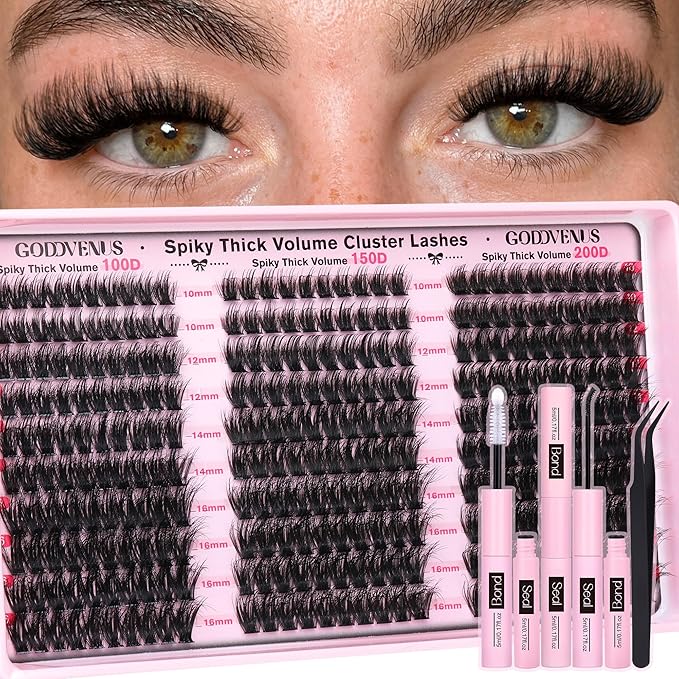 Fluffy Lash Clusters Kit Thick 100-150-200D Volume Eyelash Clusters Kit 10-16mm Wispy Individual Lashes Kit D Curl Cluster Eyelash Extensions 300pcs DIY Lash Extension for Beginners