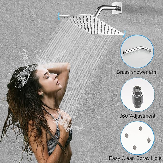 YCAIKOI Chrome Shower System, 8 Inch High Pressure Rain Shower with Handheld, Wall Mount Shower Faucet Set for Bathroom, Rough-in Valve Body and Trim Included