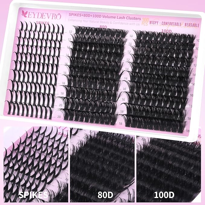 EYDEVRO Lash Clusters with Spikes Wispy Eyelash Clusters 12-20mm Spikes Lash Clusters 10-18mm 80D 100D Volume D Curl Cluster Eyelash Extensions Spiky Cluster Lashes Reusable DIY Lash Extensions