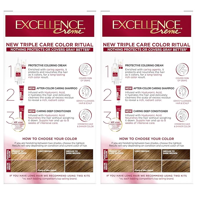L'Oreal Paris Excellence Crème Permanent Hair Dye, Triple Care Hair Color with Hyaluronic Acid for 100% Gray Coverage, 6 Light Brown, 1 Kit (Pack of 2) (Packaging May Vary)