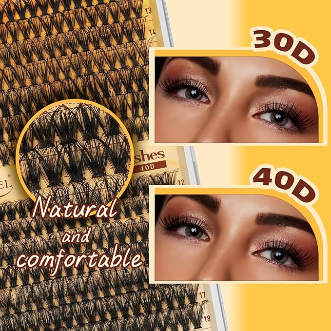 QUEWEL Lash Clusters, 280PCS 30+40D Lash Clusters Kit Mixed 2 styles 10-16mm, Thick Eyelash Clusters with Bond And Seal lashes clusters Glue and Lashes Tweezers Easy DIY at Home(D-30D+40D)