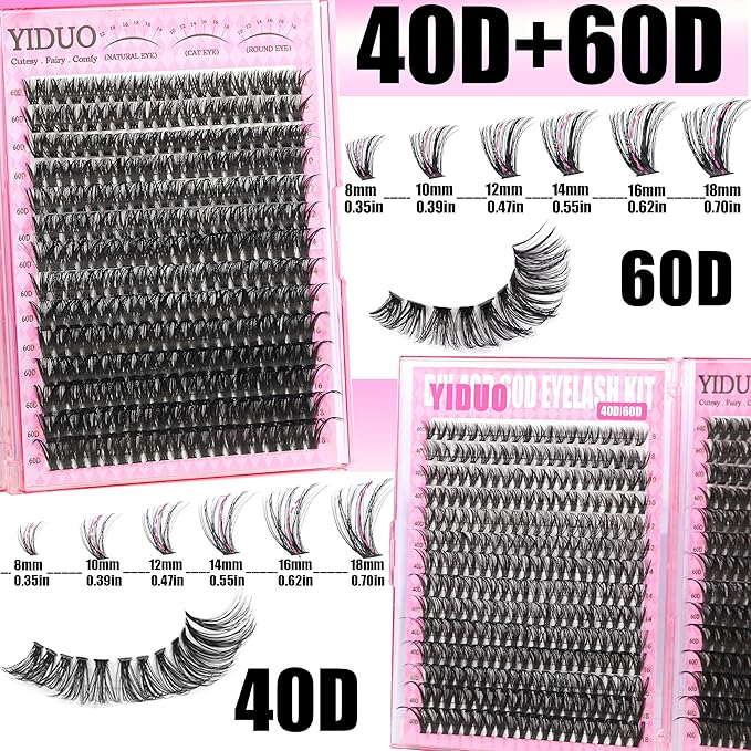 8 Styles Mix Lashes Clusters Kit 4 Box Cluster Lash Book Kit with Bond&Seal 1888Pcs 100D/200D/300D Volume Manga Eyelash Extension with Spikys/Bottom lash Kit for Beginners DIY at Home Easily
