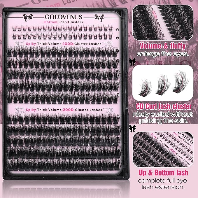 Fluffy Eyelash Clusters Kit Waterproof DIY Lashes Extension Kit Wispy Volume D Curl Cluster Eyelash Extensions Kit Mink Individual Lashes Kits with Bottom Eyelashes (Volume 240pcs D Curl)
