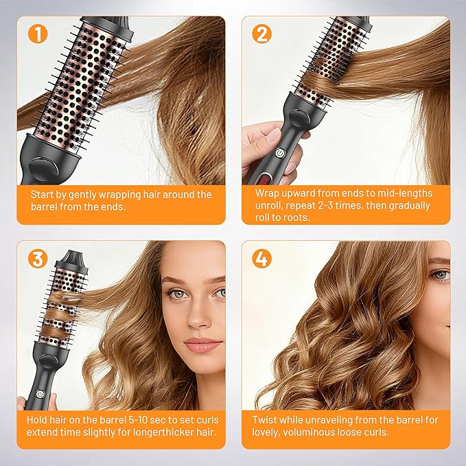 Thermal Brush, 3-in-1 Curling Iron - 30s Fast Heat, 4 Temp Settings (300℉-400℉), Anti-Scald Design for Loose Curls, Straight Hair & Volume (Home & Travel Use)