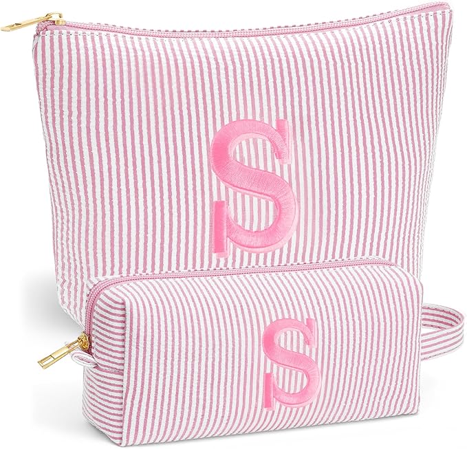 Fohufo Sister Birthday Gifts for Girls - Travel Makeup Bag Set, Big Sister Gifts for Girls 6-12 Year Old Girl Gift Teen Girl Gifts Trendy Stuff, Personalized Cute Stuff Initial Makeup, Light Pink S