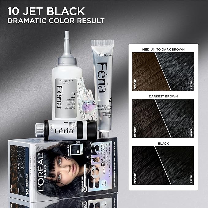 L’Oreal Paris Feria Multi-Faceted Shimmering Permanent Hair Color, High Intensity Hair Dye for 3X Highlights, 10 Jet Black (Blackest Black), 1 Hair Dye Kit