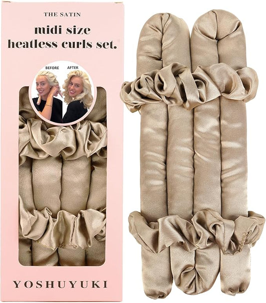 Midi Heatless Curls Overnight Hair Curlers to Sleep In Small Hair Rollers for Short Medium Hair No Heat Overnight Curls, Soft Satin Flexi Rods Heatless Curling Rod Set Styling Tools for Women