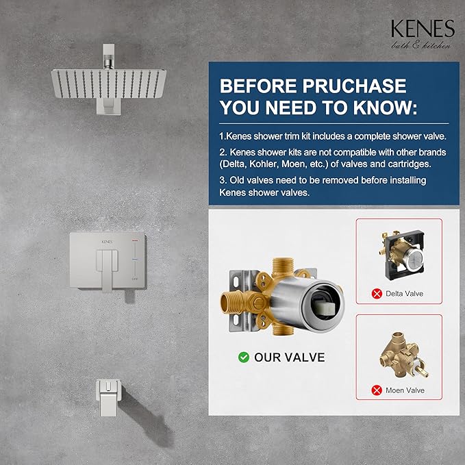 KENES Brushed Nickel Tub Shower Faucet Set Complete, Tub and Shower Trim Kit with 10-Inch Rain Shower Head, Square Shower System, KE-6024A (Shower Valve Included)