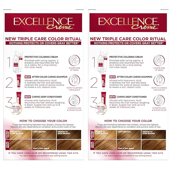 L'Oreal Paris Excellence Crème Permanent Hair Dye, Triple Care Hair Color with Hyaluronic Acid for 100% Gray Coverage, 6G Light Golden Brown, 1 Kit (Pack of 2) (Packaging May Vary)