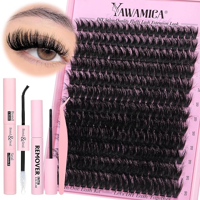 Yawamica Fluffier Lash Clusters Kit with Remover Wispy Cluster Eyelash Extensions 12-20mm Eyelash Clusters 200D Volume Lash Extension Kit D Curly Cluster Lashes with Bond and Seal Remover Tweezers