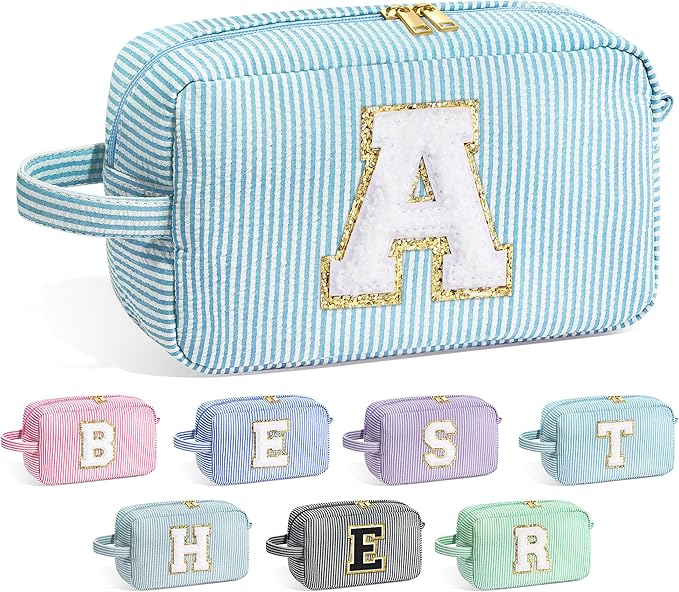 YOOLIFE Gifts for Women Teen Girls - Initial Makeup Bag Cosmetic Bag Toiletry Pouch, Personalized Birthday Gifts for Women Girls Mom Daughter Sister Friends, Light Blue A