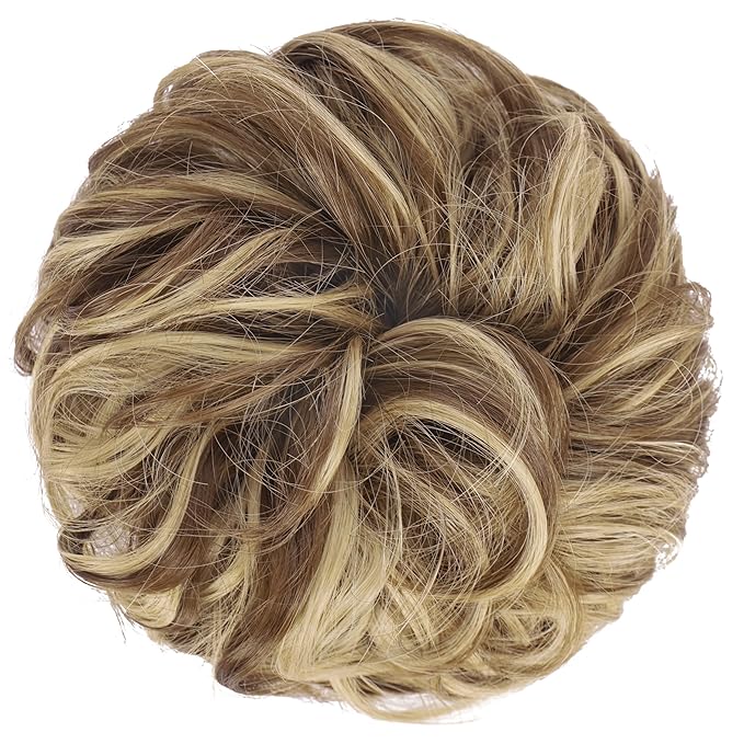 FESHFEN Messy Bun Hair Piece - Wavy Synthetic Chignon Scrunchies for Instant Volume, Elastic Bun Ponytail Hair Extensions Thick Hairpieces for Women, Light Brown & Blonde 1.50 oz