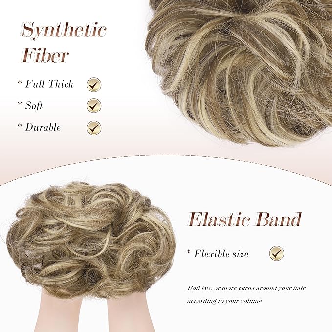FESHFEN Messy Bun Hair Piece - Wavy Synthetic Chignon Scrunchies for Instant Volume, Elastic Bun Ponytail Hair Extensions Thick Hairpieces for Women, Brunette & Blonde 1.50 oz