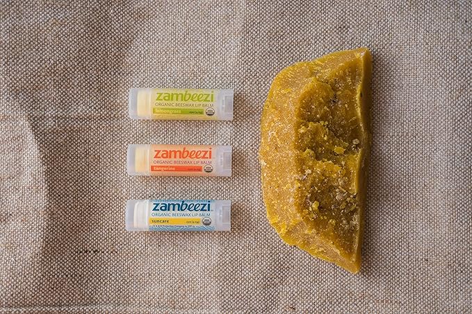 ZAMBEEZI Organic, Fair Trade Beeswax Lip Balm - Variety 3 Pack (Suncare, Tangerine and Lemongrass) - Ethically Sourced