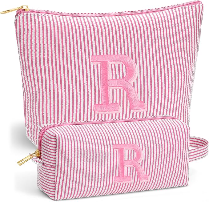 Fohufo Initial Makeup Bag Set for Women - Personalized Travel Pouch, Portable Cosmetic Bag Make up Kit Pouch | Travel Essentials Cute Makeup Bag Birthday Gifts for Women, Pink Letter R