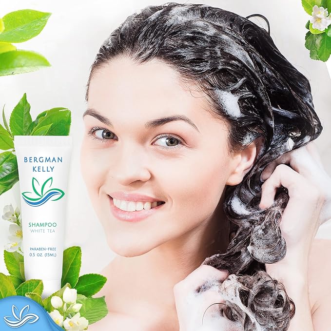 Bergman Kelly - Travel Shampoo and Conditioner Set - 0.5 fl oz, 100 Pieces, White Tea - Delight Your Guests with Revitalizing and Refreshing Hotel Toiletries and Guest Hospitality in Bulk