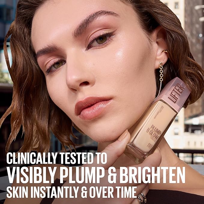 Maybelline Lifter Plump & Glow Foundation, Liquid Foundation with 2% Niacinamide + Hyaluronic Acid, Plumping and Brightening Face Makeup, 113, 1 Count