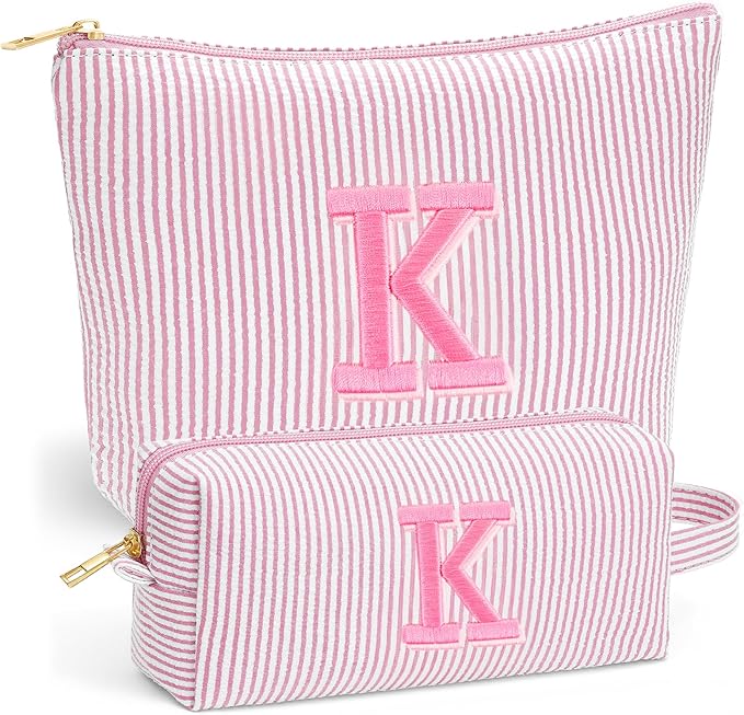 Fohufo Beach Bags for Women Girl - Summer Beach Toiletry Makeup Bag, Travel Gifts for Her, Summer Personalized Makeup Pouch for Women Girls Birthday Gifts for Womens Girls - Light Pink Initial K