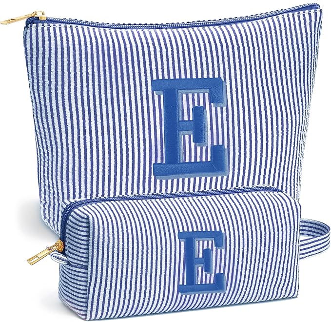 Fohufo Initial Makeup Bag Set - Cute Blue Stuff for Women, Personalized Makeup Pouch Cosmetic Bag, Travel Essentials Toiletry Bag, Birthday Christmas Gifts for Women Stocking Stuffers, Blue Letter E