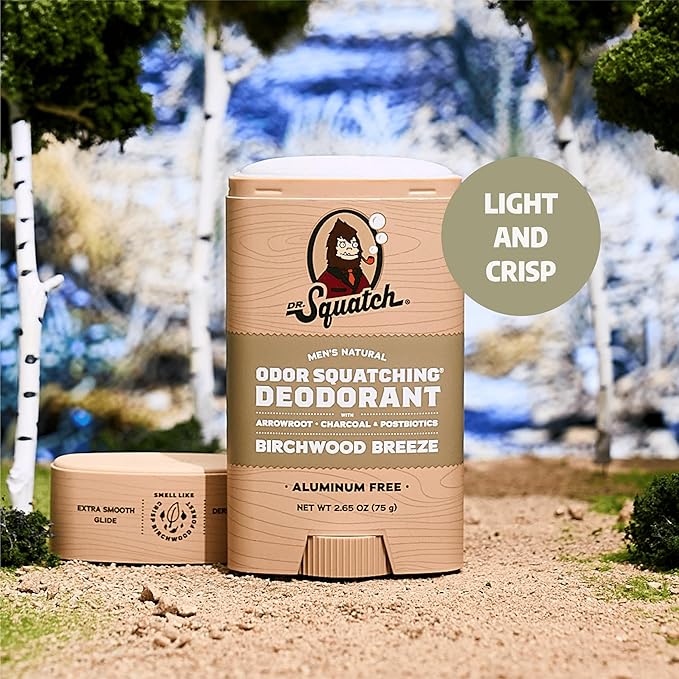 Dr. Squatch Natural Men’s Deodorant – Aluminum Free Natural Deodorant Men with Charcoal & Postbiotics for 72-Hour Odor Protection – Birchwood Breeze, 2.65oz Stick (3-Pack)