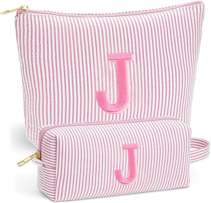Fohufo Travel Essentials - Portable Travel Toiletry Bag for Women, Initial Makeup Kit Organizer Make up Cosmetic Bag Set Light Pink Stuff Birthday Gifts for Women Daughter Mom, Light Pink Letter J