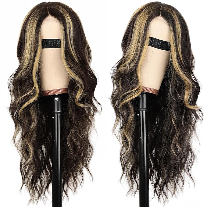 AISI HAIR Long Wavy Dark Brown with Blonde Highlight Lace Hairline Wigs for Women，Middle Part Synthetic Heat Resistant Wig for Daily Party-26 Inch