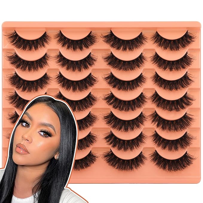 Short Lashes Natural Look False Eyelashes Thick Volume Faux Mink Lashes Pack Wispy Strip Fake Eyelashes Cat Eye Lashes that Look Like Extensions 14 Pairs