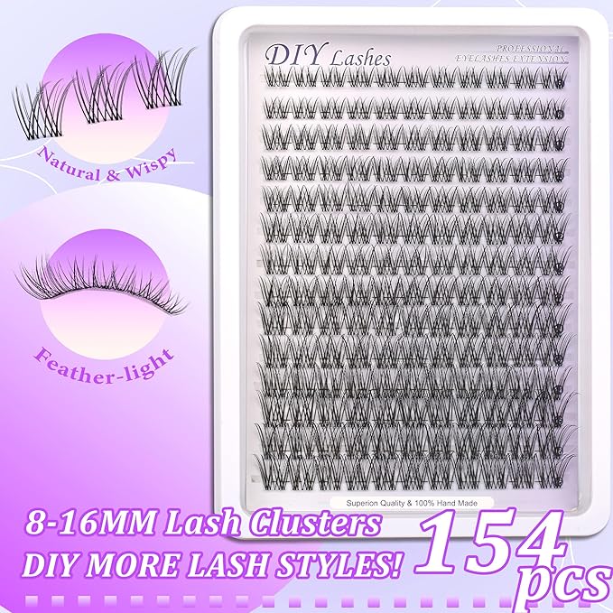 Lash Clusters Kit Invisible Band Eyelash Clusters C-Curly 8-16mm Lash Extension Kit Natural Wispy Lashes 154pcs Clusters Eyelash Extension Kit with Thin Band Lash Cluster Clear Lash