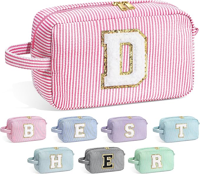 YOOLIFE Birthday Gifts for 6 7 8 9 10 11 12 13 14 15 Year Old Teen Girl - Initial Makeup Bag Letter Toiletry Pouch Cosmetic Case, Personalized Teen Girl Gifts Trendy Stuff Party Favor, Pink D