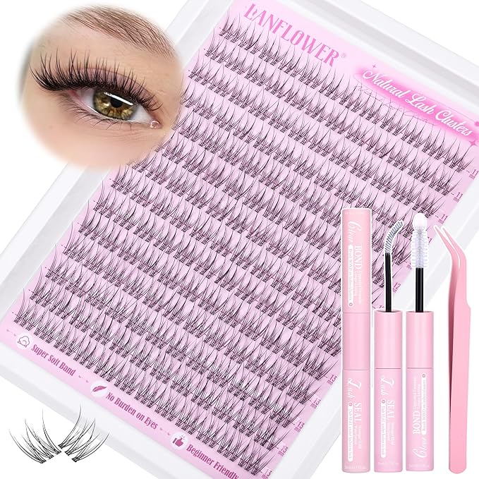 Natural Lash Clusters Kit Wispy Lash Extension Kit Bandless Eyelash Extension Kit C Curved Eyelash Clusters Soft and Lightweight Individual Lashes 168pcs Cluster Eyelash Extensions Kit by Lanflower